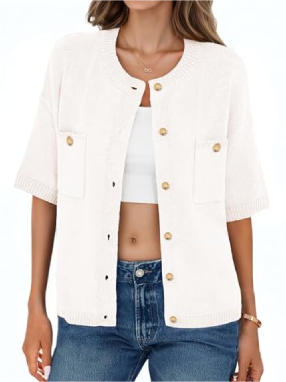 Women Crop Cardigan Short Sleeve Button Up Y2K Summer Sweater Knit Crew Neck